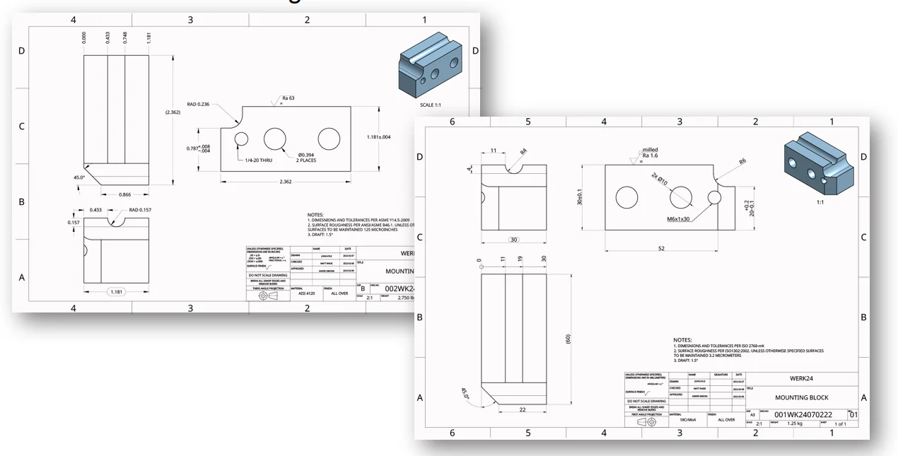 Slide comparing ISO and ANSI technical drawing conventions across regions