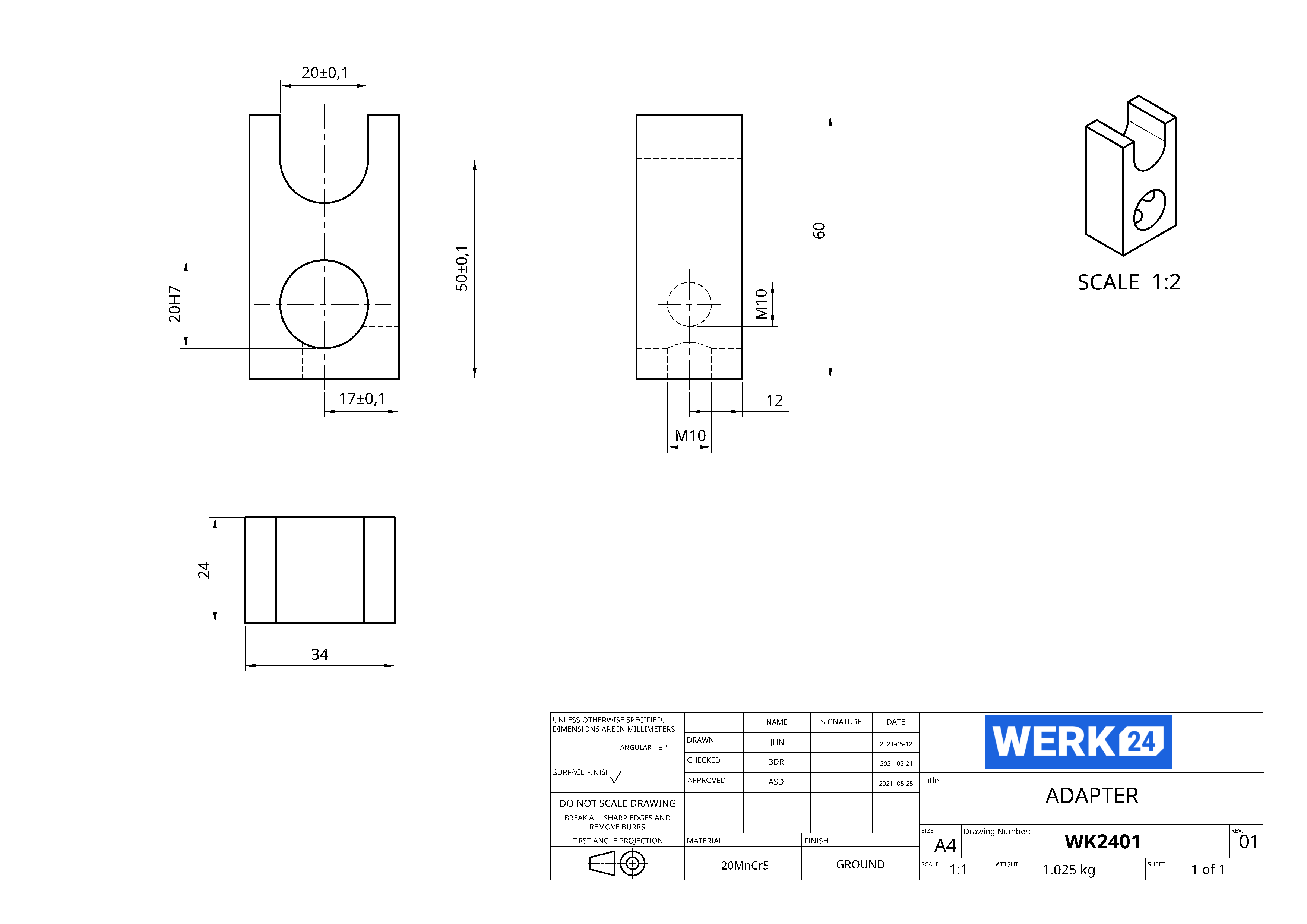 Mechanical component drawing with detailed dimensions