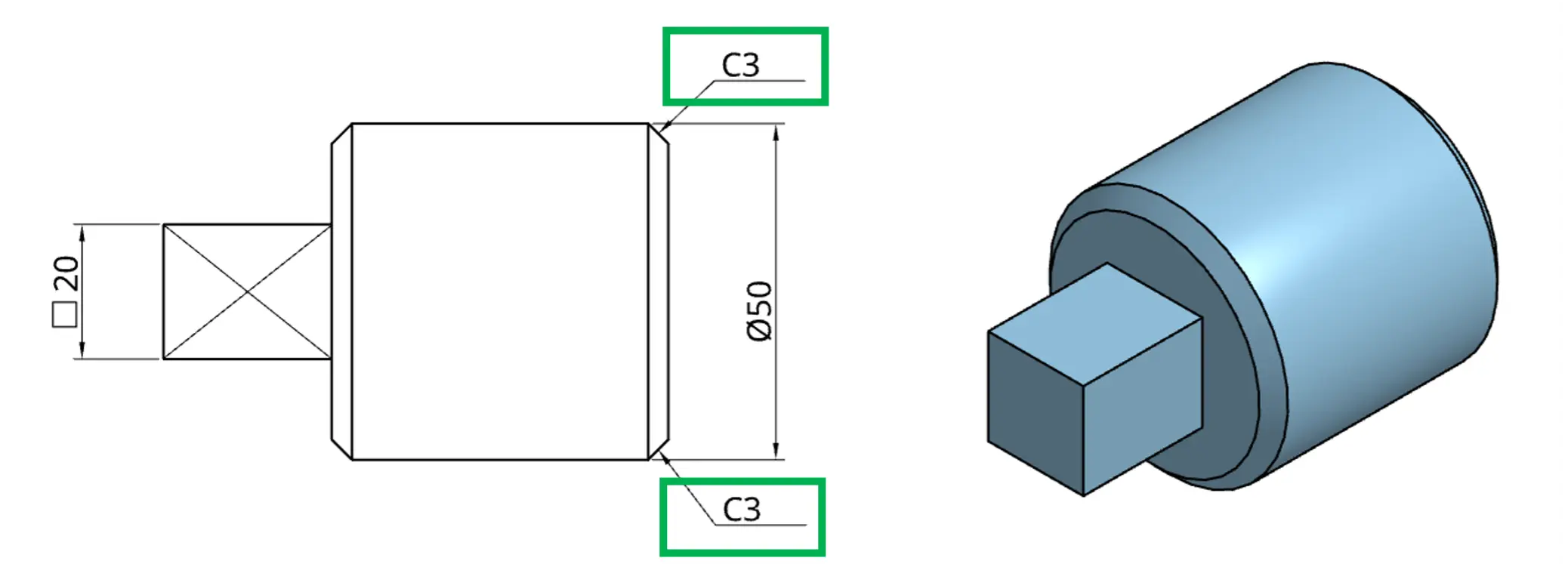 Callout examples comparing chamfer notation using C-values and length-by-angle dimensions