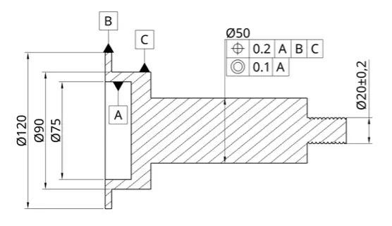 GD&T feature control frame on a technical drawing specifying a position tolerance with datum references GD&T feature control frame on a technical drawing specifying a position tolerance with datum references