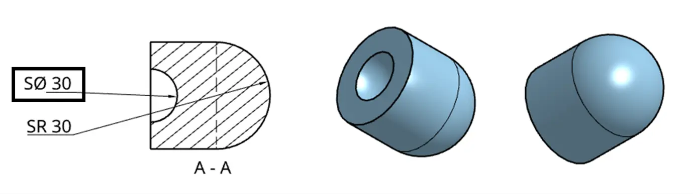 SØ spherical diameter Spherical diameter dimension using the SØ prefix on a technical drawing of a spherical surface