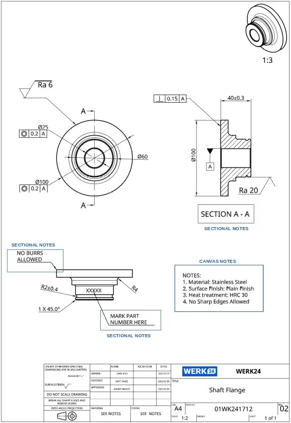 Technical drawing showing a NOTES block with general manufacturing instructions and leader-linked local notes Technical drawing showing a NOTES block with general manufacturing instructions and leader-linked local notes