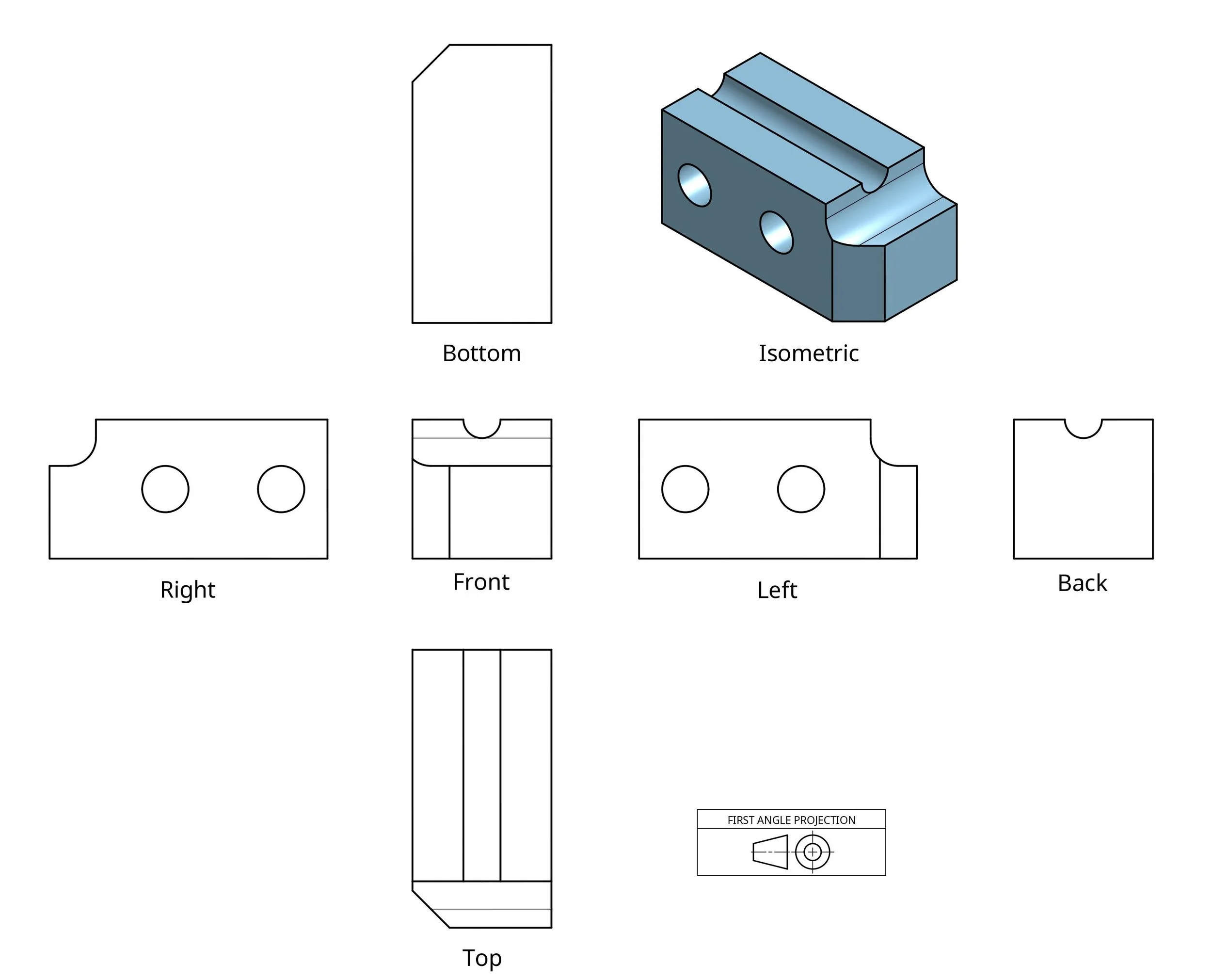 First-angle projection diagram showing how 3D part views are arranged on a 2D technical drawing First-angle projection diagram showing how 3D part views are arranged on a 2D technical drawing