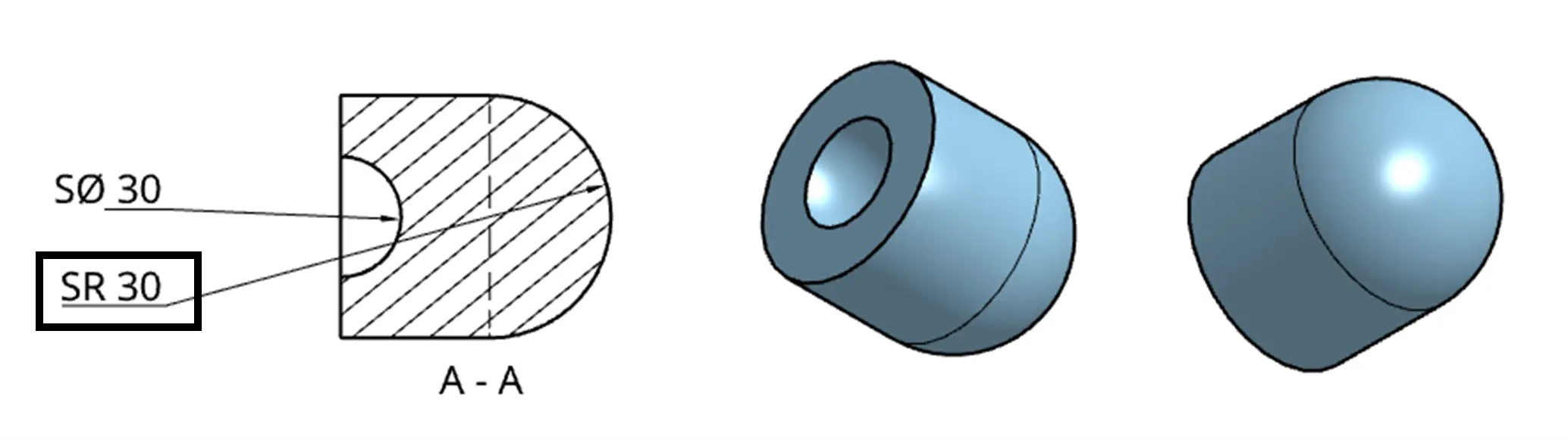 Example of a spherical radius callout using the SR prefix on a curved surface