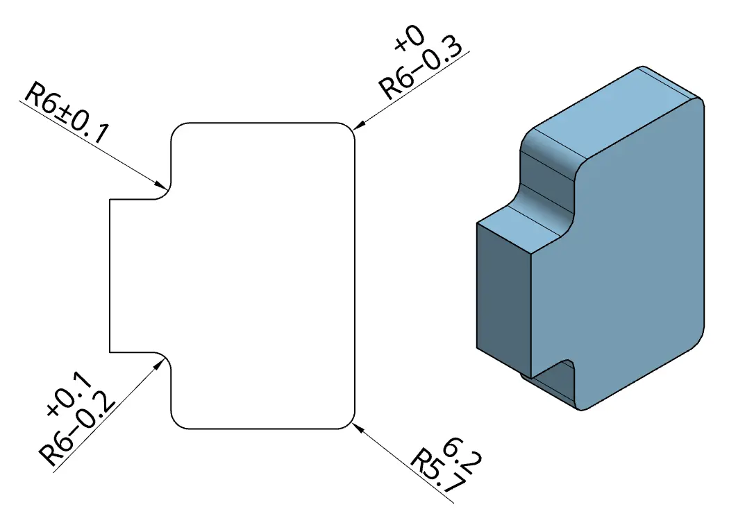 Radius dimension annotated with bilateral and unilateral tolerance styles