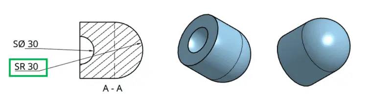 Spherical radius callout using the SR prefix on a technical drawing