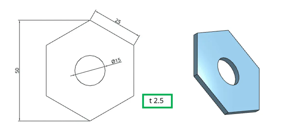Thickness symbol (t) preceding a sheet-metal thickness value on a technical drawing
