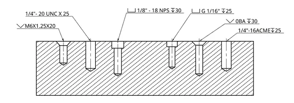 Cross-section of a tapped hole showing internal thread designation and depth