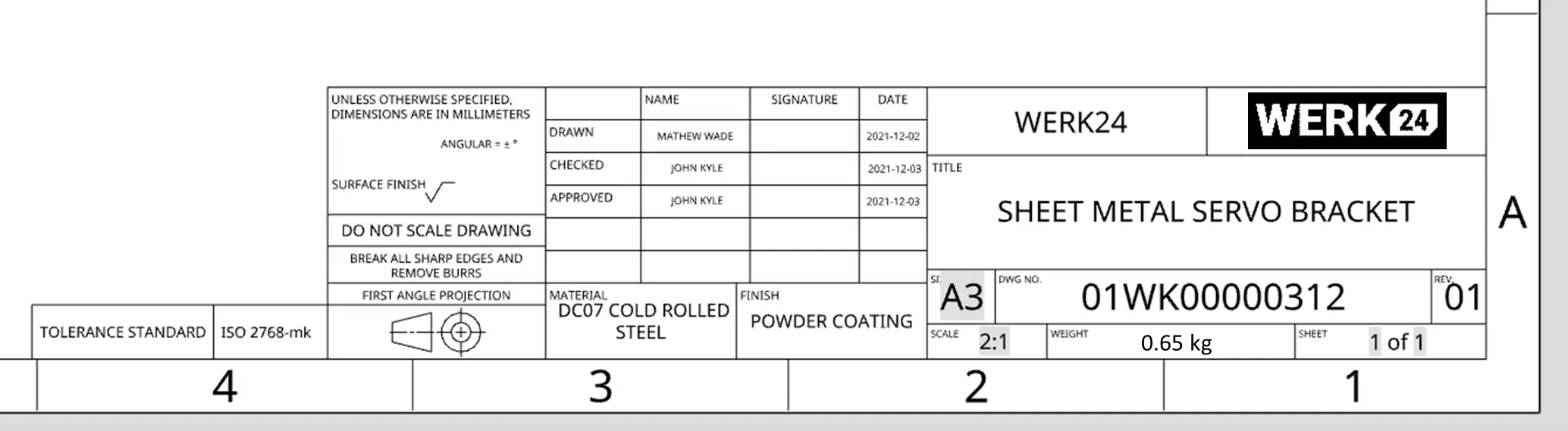 Annotated technical drawing title block highlighting drawing number, revision, material and scale fields Annotated technical drawing title block highlighting drawing number, revision, material and scale fields