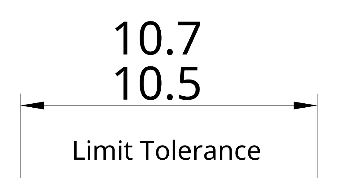 Technical drawing example presenting limit dimensioning with explicit upper and lower sizes